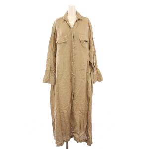 シャツワンピース マキシ ロング 長袖 オープンカラー ワンカラー 麻 リネン S ベージュ /BB