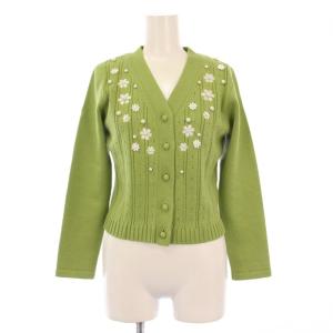 23年製 ニットカーディガン 長袖 Vネック ショート丈 花柄 刺繍 フェイクパール 装飾 34 緑 グリーン