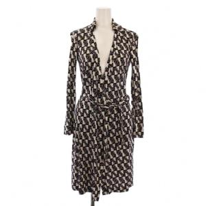 ワンピース 長袖 ひざ丈 ウエストリボン 総柄 シルク 0 ブラック ホワイト /BM