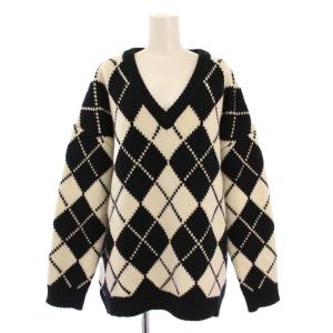 Argyle Vネックプルオーバー ニット セーター 長袖 ウール バイカラー アーガイル柄 F 黒 ブラック