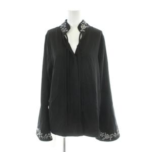 カットソー ブラウス F 黒 ブラック 長袖 刺繍襟 Vネック /AP