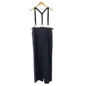 タックオーバーパンツ スラックス ジップフライ ワンカラー 無地 ウール サスペンダー付き 36 紺 ネイビー