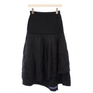 フレアスカート イージー ミモレ ロング ウエストゴム 切替 ワンカラー S 黒 ブラック /BB