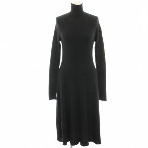 リブニットワンピース ミモレ ロング タートルネック 長袖 ウール 7 黒 ブラック /HN