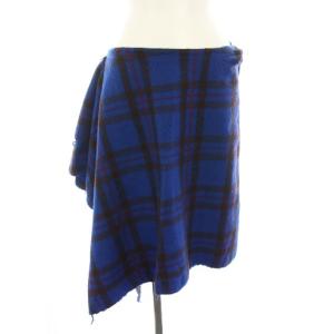 AD2004 縮絨スカート ひざ丈 フレア 変形 アシンメトリー チェック柄 M 青 ブルー 赤 レッド