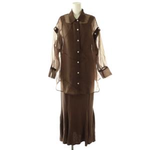 リブマーメイドワンピース 長袖シアーシャツ付き 2 茶 ブラウン マーメイドシルエット /CX OS