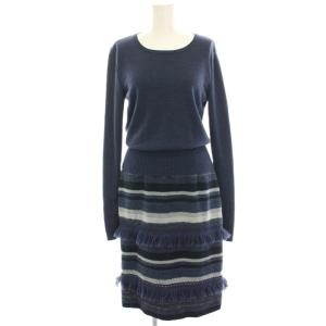 ニットワンピース ミモレ ロング 長袖 ラムウール アルパカ混 フリンジ 切替 7 紺 ネイビー P04304