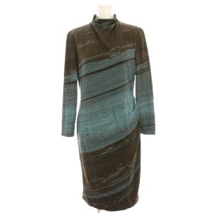 ワンピース マキシ ロング 長袖 ハイネック 総柄 7 茶 ブラウン 水色 ライトブルー P03311