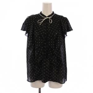 22SS シャツ ブラウス 半袖 ドット柄 リボン フリル 36 黒 102217-13-680-95