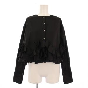 2wayスパイラルタフタブラウス シャツ 長袖 ショート丈 クルーネック フリル ワンカラー F 黒 ブラック
