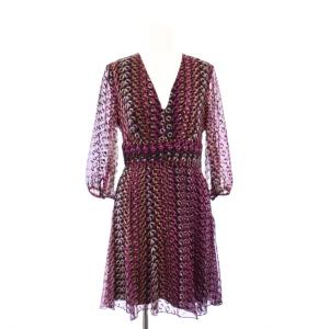 フレアワンピース ひざ丈 七分袖 Vネック シアー シースルー 総柄 シルク 2 紫 パープル 黒 ブラック