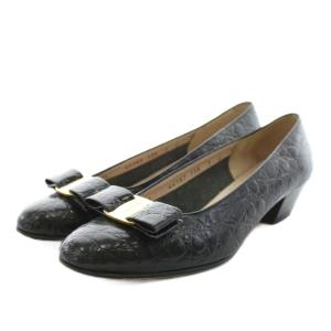 ヴァラリボン パンプス アーモンドトゥ ヒール レザー 7 黒 ブラック 44187 /AN13