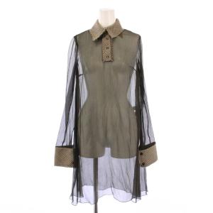 シャツ ブラウス プルオーバー チュニック丈 長袖 レギュラーカラー 切替 シアー シースルー ハーフボタン