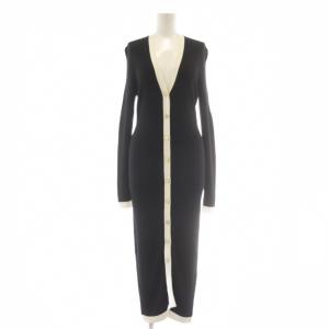 ロングワンピース 長袖 リブニット ウール バイカラー Vネック M 黒 ブラック 白 ホワイト /AU