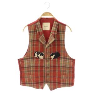 ベスト うさぎ 刺繍 前開き チェック ウール 赤 緑 /NR OS