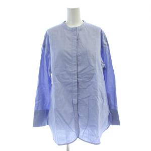 バンドカラー シャツ ブラウス 長袖 ライトブルー 青 ラウンドヨーク スカラップヘム /AP