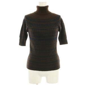 ニット カットソー 半袖 ボーダー タートルネック カシミヤ 茶 ブラウン /HN