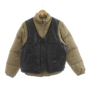 DOWN USA製 ダウンジャケット スタンドカラー ジップアップ レザー 切替 42 茶 ブラウン 黒