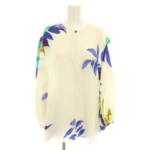 シャツ ブラウス 長袖 花柄 46 アイボリー 青 ブルー /YT