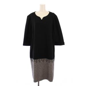 ワンピース ひざ丈 七分袖 Vネック 千鳥格子 切替 ストレッチ ウール M 黒 ブラック グレー /BB