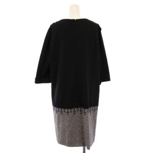 Leilian ワンピース ひざ丈 七分袖 Vネック 千鳥格子 切替 ストレッチ ウール M 黒 ブラック グレー /BB