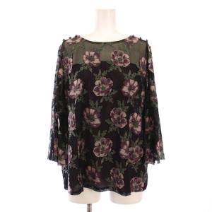 シャツ ブラウス プルオーバー 長袖 クルーネック ストレッチ シアー シースルー 花柄 17 黒 ブラック
