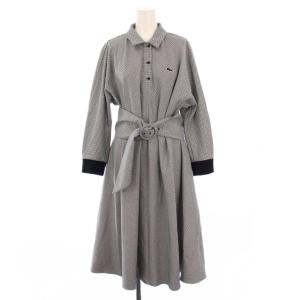 シャツワンピース ひざ丈 長袖 レギュラーカラー ハーフボタン ロゴ ワンポイント 総柄 ベルト 38