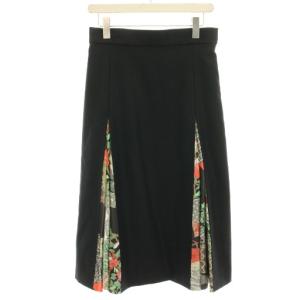 フレアスカート ひざ丈 総柄 切替 ウール 絹 シルク混 3 黒 ブラック /HN