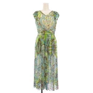 アラベスクプリントマキシフレアワンピース ミモレ ロング 半袖 クルーネック シアー シースルー シルク