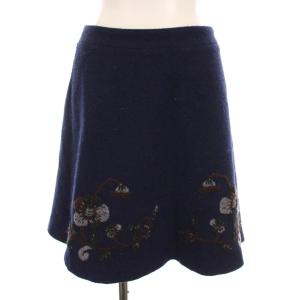 フレアスカート ミニ ウール 花柄 刺繍 紺 /YM