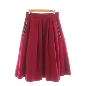 フレアスカート ミモレ ひざ丈 ウール 36 赤 レッド ジップポケット /RR