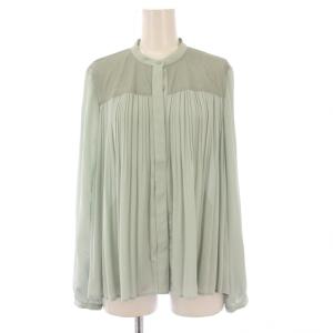 シャツ ブラウス 長袖 バンドカラー レース プリーツ 切替 ワンカラー 9 水色 ライトブルー /BB