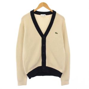 ハイブリッドワッフルニットカーディガン リブ 長袖 Vネック ワッペン ワンポイント バイカラー FR4