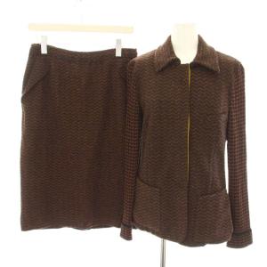 セットアップ 上下 ニットジャケット スカート ひざ丈 タイト ヘリンボーン柄 絹 シルク 46 茶 ブラウン