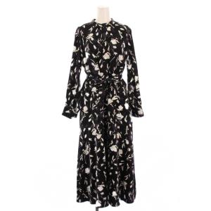 フレアワンピース ミモレ ロング 長袖 総柄 ベルト SS 黒 ブラック タグ付き /BB
