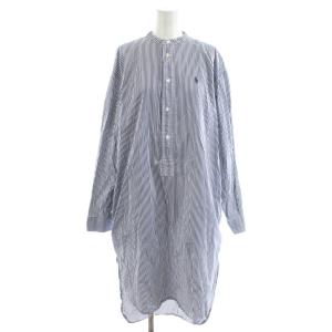 シャツワンピース ミモレ ロング ストライプ柄 長袖 6 紺 ネイビー 白 ホワイト /AN56