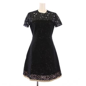 フレアワンピース ひざ丈 半袖 クルーネック レース 切替 ワンカラー 38 黒 ブラック /BB