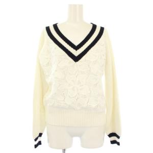 21SS ニット セーター 36 白 ホワイト 黒 ブラック 長袖 Vネック レース切替 0321143159