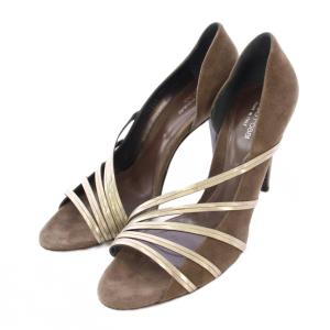 パンプス ラウンドトゥ ハイヒール スエード 装飾 バイカラー 39 茶 ブラウン シルバーカラー /BB