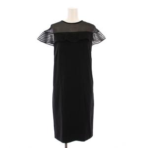 タイトワンピース ひざ丈 半袖 フレンチスリーブ クルーネック シアー シースルー 切替 ワンカラー 38