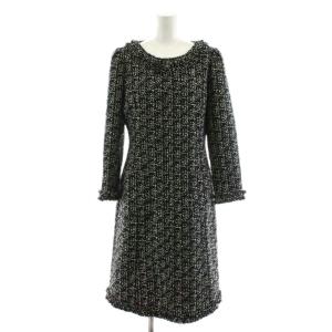 Tissue社生地 ワンピース ひざ丈 ノーカラー ツイード 36 黒 ブラック 白 ホワイト 6946110