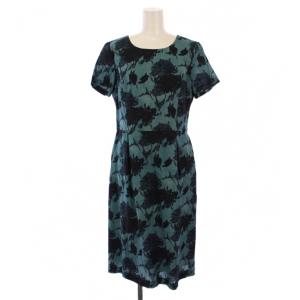 ワンピース 半袖 ひざ丈 クルーネック 総柄 ウール 38 青 /BM