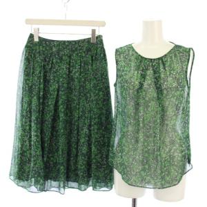 セットアップ シアー シャツ ブラウス ノースリーブ スカート フレア ひざ丈 花柄 38 緑 /TK