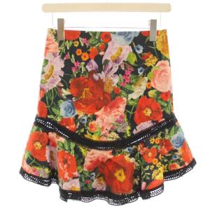 フラワーカットワークスカート フレアスカート ミニ 花柄 プリント レース 2 黒 ブラック 赤 レッド