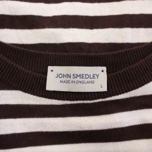 JOHN SMEDLEY ニット セーター 半袖 クルーネック 薄手 ストレッチ バイカラー ボーダー柄 L 茶 ブラウン 白 ホワイト