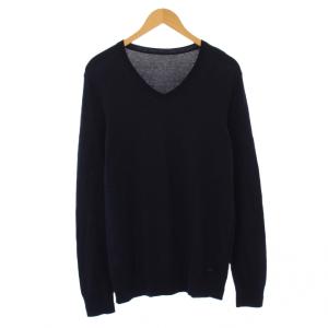 ニット セーター 長袖 Vネック 薄手 ワンカラー 無地 カシミヤ混 L 紺 ネイビー /BB
