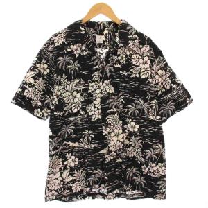 アロハシャツ カジュアル 半袖 オープンカラー 花柄 バイカラー 総柄 L 黒 ブラック 白 ホワイト