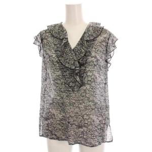 ノースリーブ ブラウス カットソー フリル シルク混 総柄 34 黒 ブラック 白 5018386 /YM