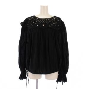 シャツ ブラウス プルオーバー 長袖 クルーネック 刺繍 切替 フリル ワンカラー 38 黒 ブラック