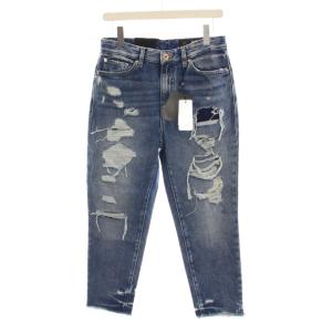 デニムパンツ ジーンズ ダメージ加工 ボーイフレンド クロップド 27 青 /YM